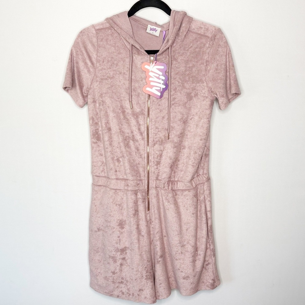 Yitty Pink Terry Cloth Hooded Zip Front Romper Heart Pockets Size M Beachy NWT